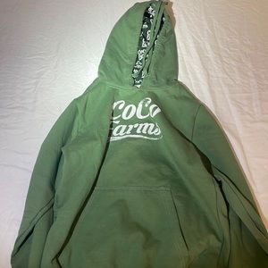 Medium Coco Farms logo Hoodie. Olive green.